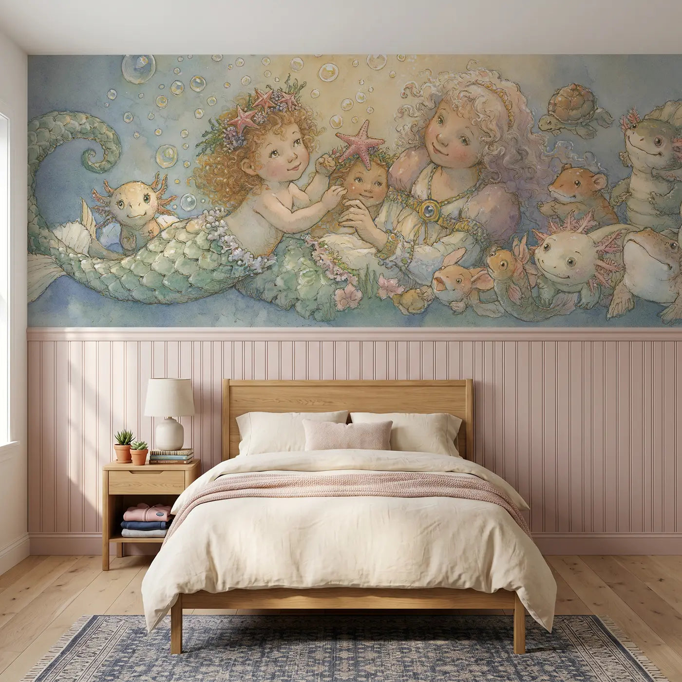 Storybook mermaid crown starfish award wainscoting wallpaper for bedroom by Whimsy Tots