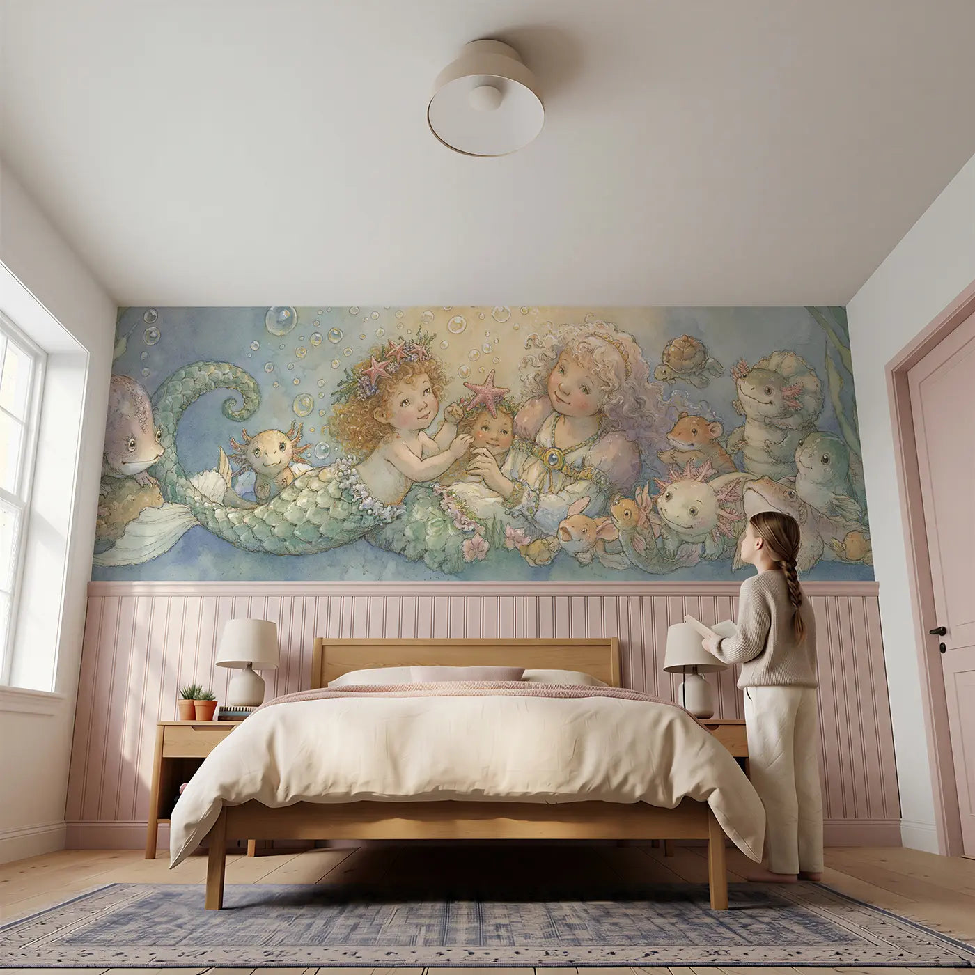 Child reading near Mermaid Crown Starfish Award Wainscoting Wallpaper by Whimsy Tots