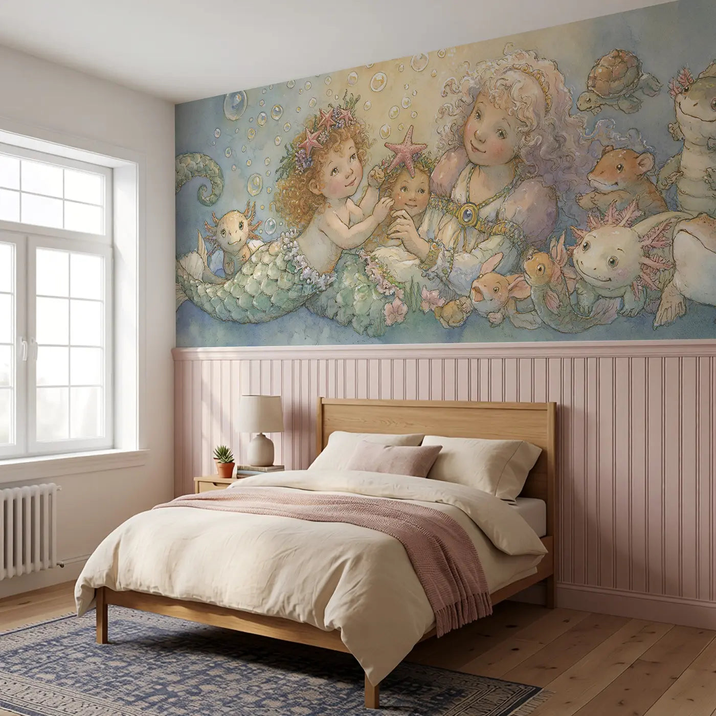 Mermaid Crown Starfish Award Wainscoting Wallpaper styled in a kids bedroom by Whimsy Tots