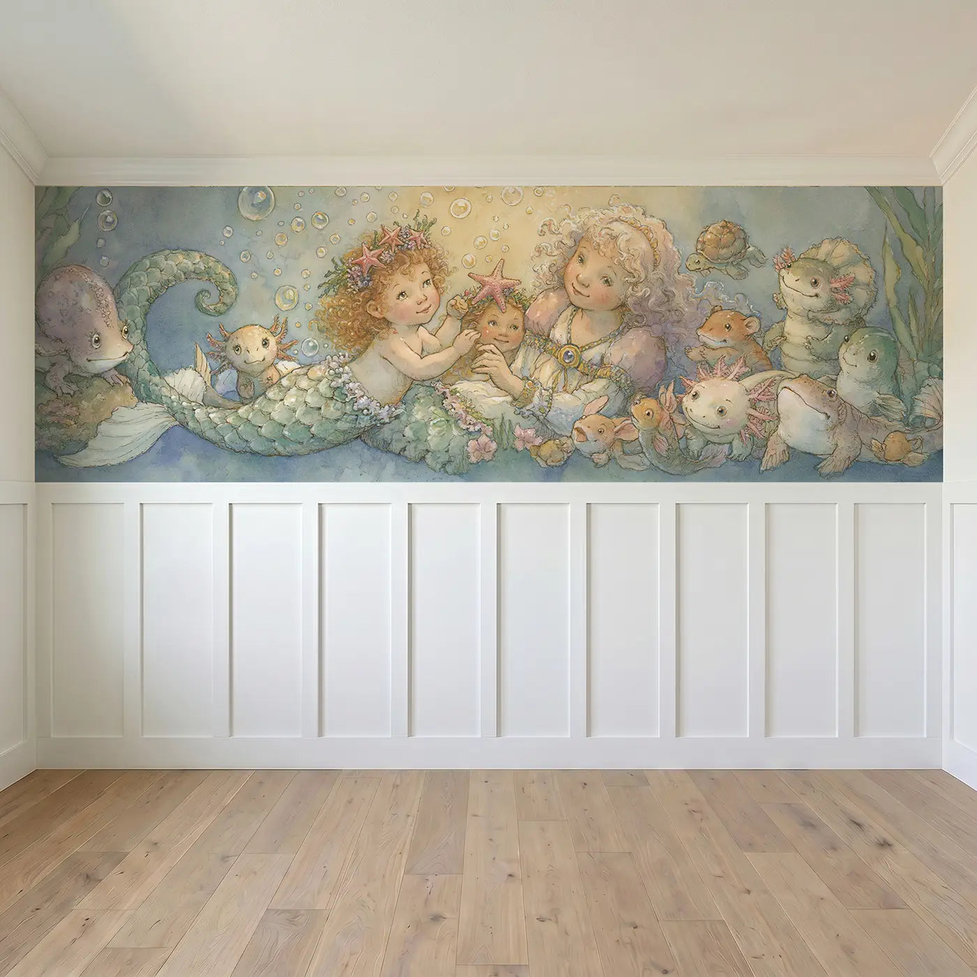 Full panel view of Mermaid Crown Starfish Award Wainscoting Wallpaper by Whimsy Tots
