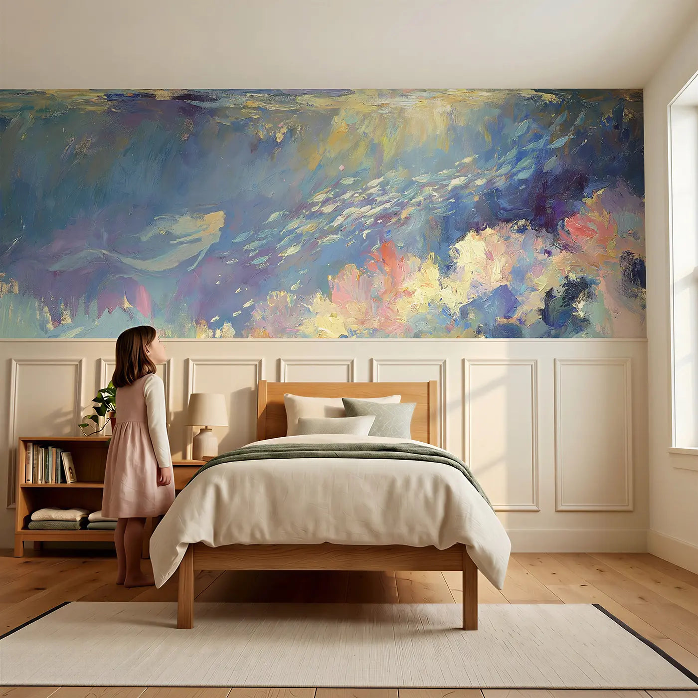 Child reading near Mermaid Twilight Reef Glow Wainscoting Wallpaper by Whimsy Tots