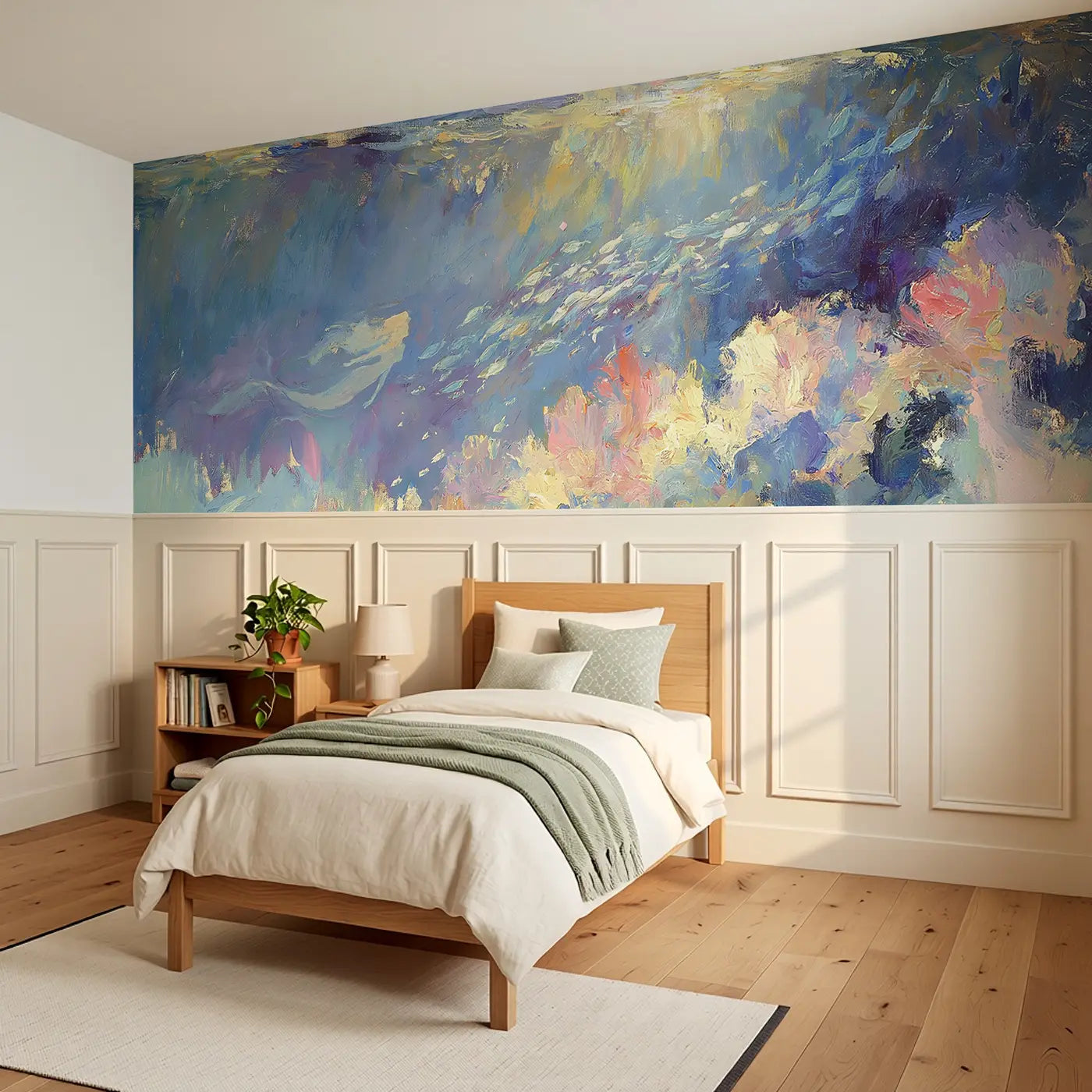 Mermaid Twilight Reef Glow Wainscoting Wallpaper styled in a kids bedroom by Whimsy Tots