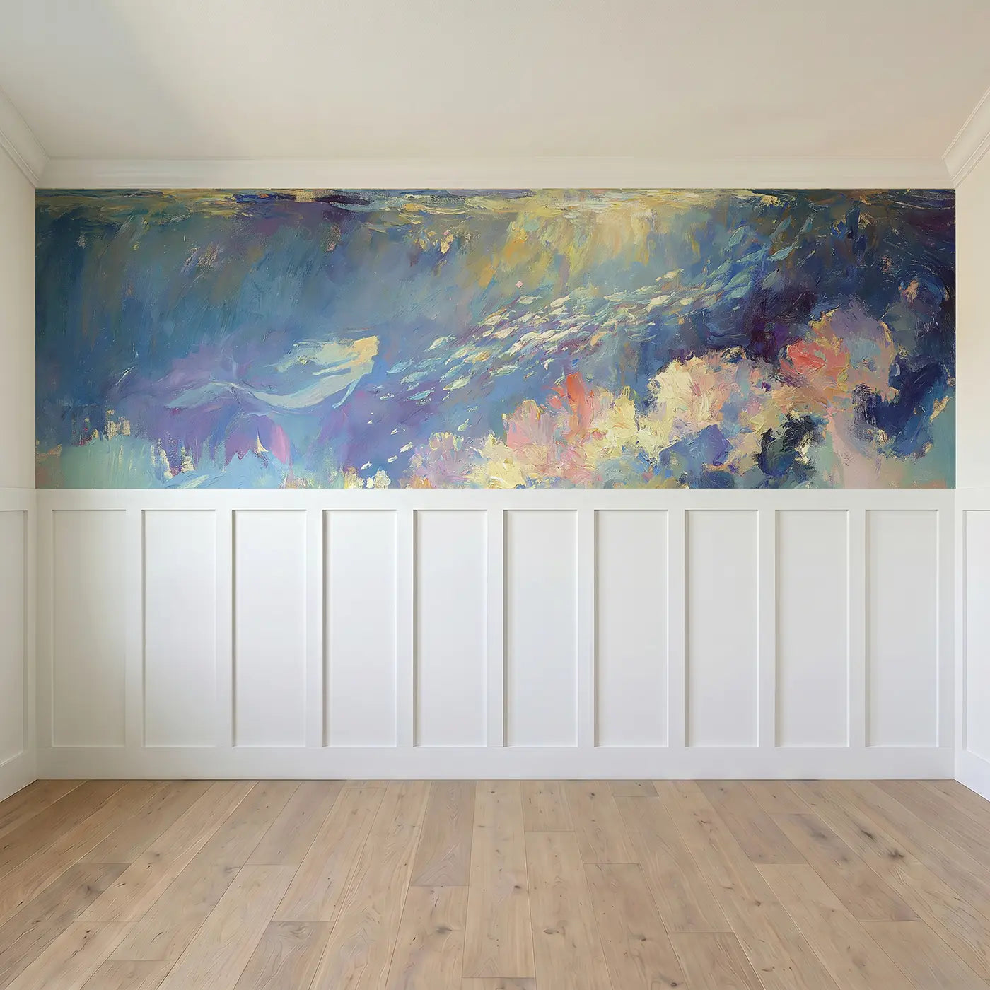Full panel view of Mermaid Twilight Reef Glow Wainscoting Wallpaper by Whimsy Tots