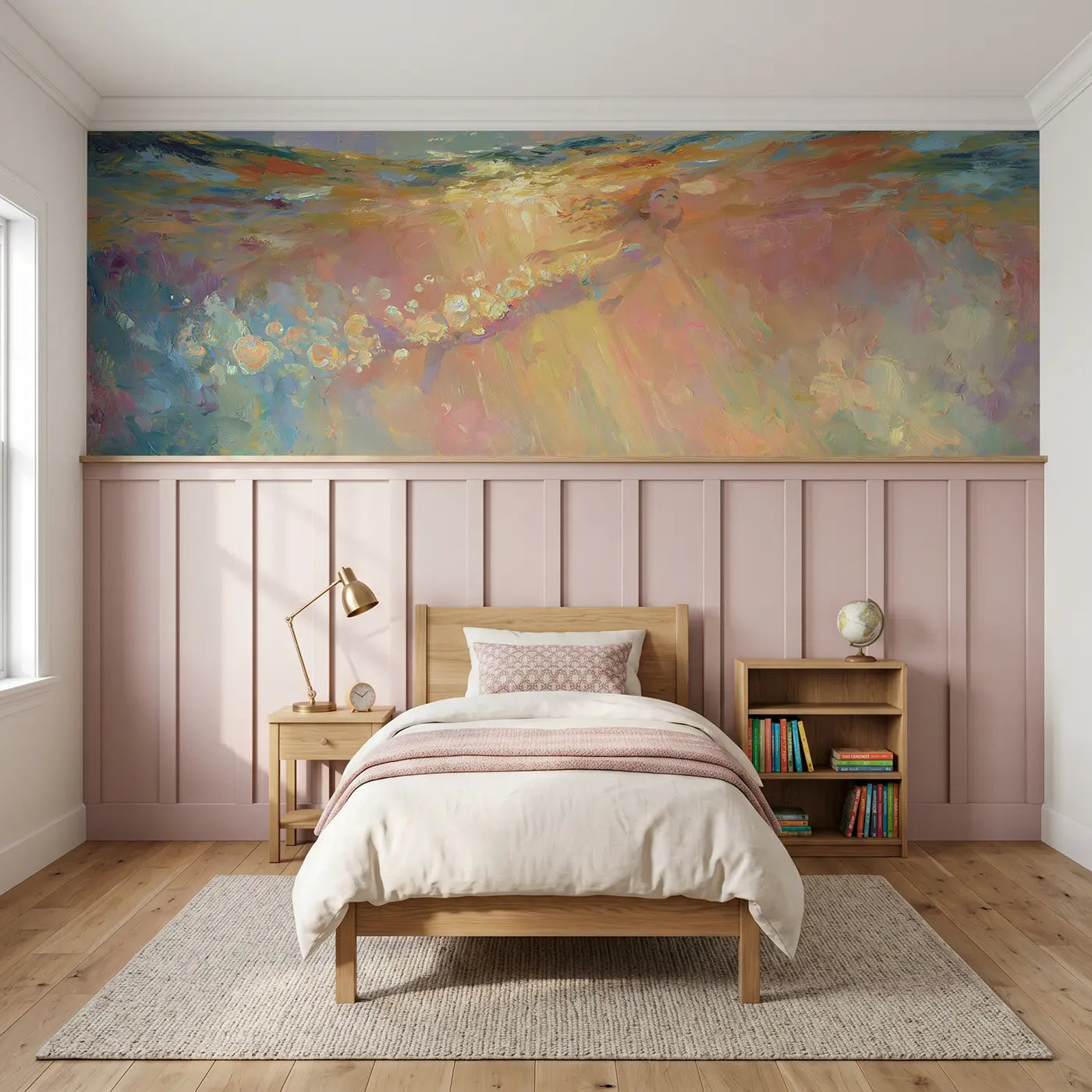 Painted Landscape mermaid rising sunrise bubbles wainscoting wallpaper for bedroom by Whimsy Tots