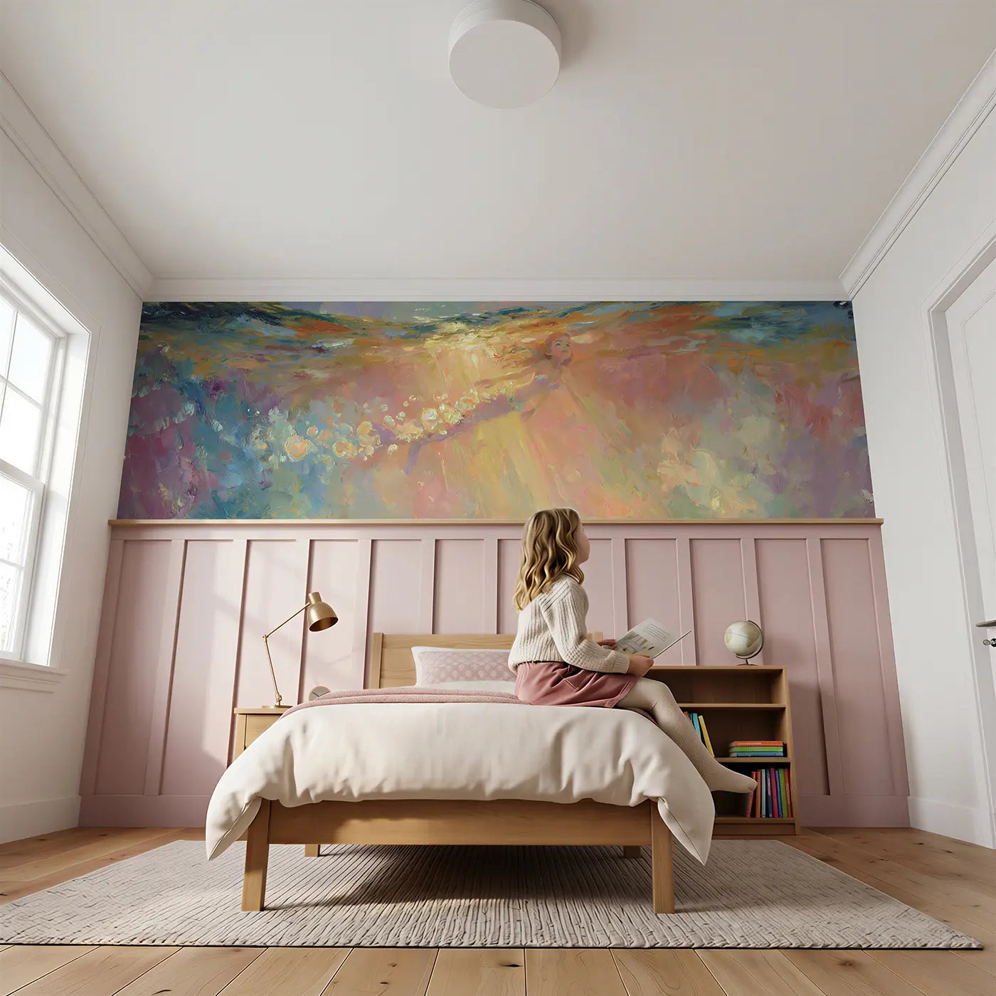 Child reading near Mermaid Rising Sunrise Bubbles Wainscoting Wallpaper by Whimsy Tots