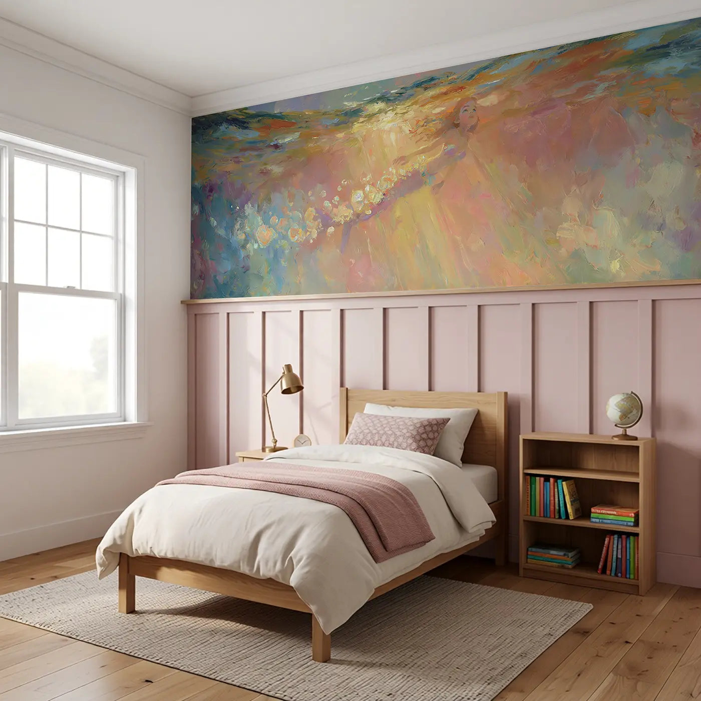 Mermaid Rising Sunrise Bubbles Wainscoting Wallpaper styled in a kids bedroom by Whimsy Tots