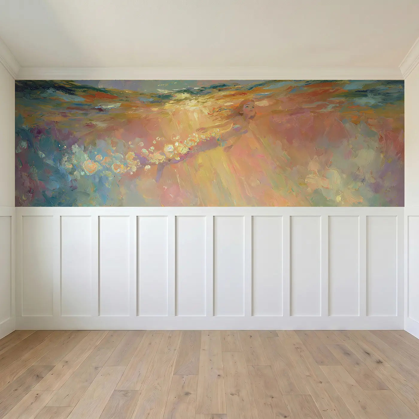Full panel view of Mermaid Rising Sunrise Bubbles Wainscoting Wallpaper by Whimsy Tots