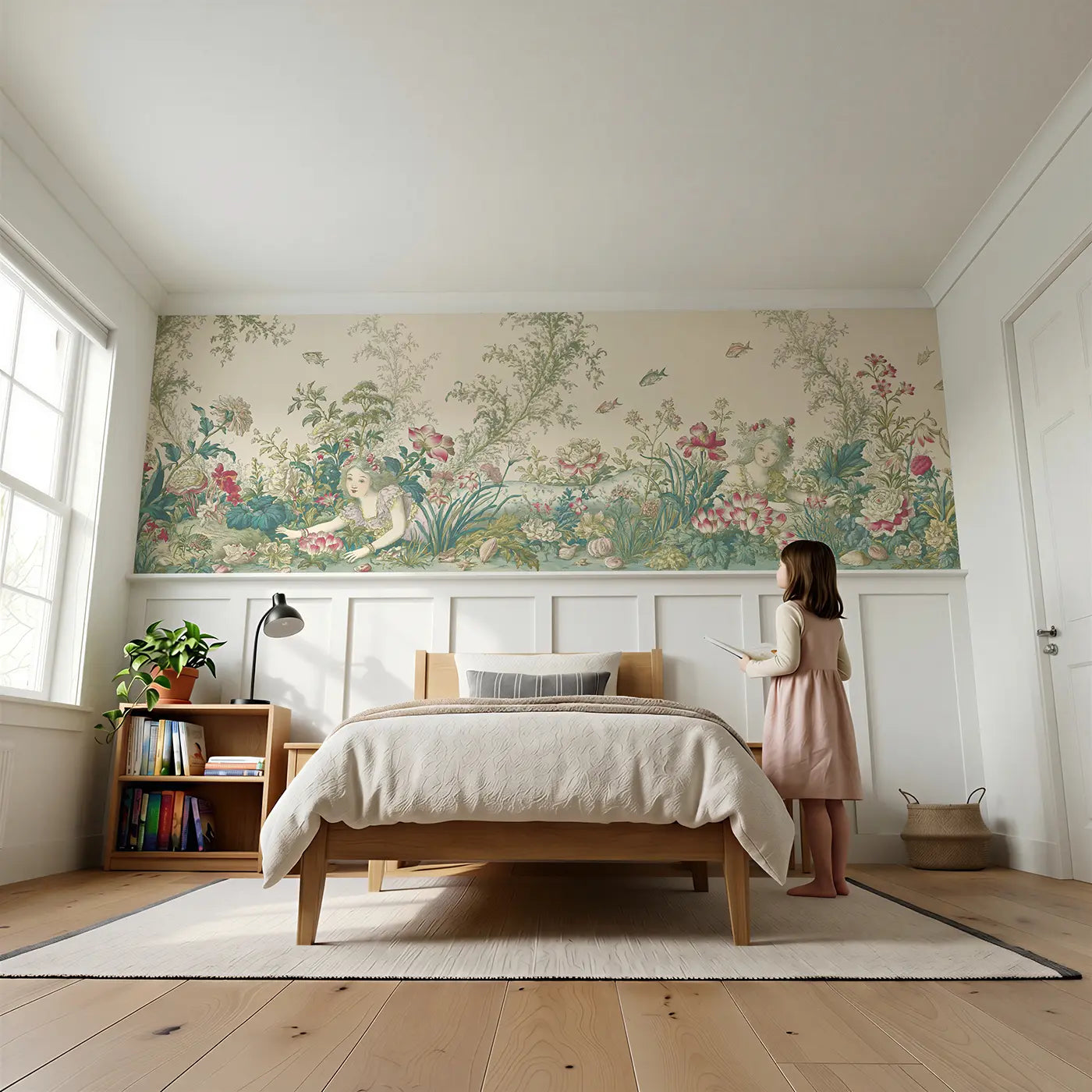 Child reading near Mermaid Botanical Seaweed Garden Wainscoting Wallpaper by Whimsy Tots