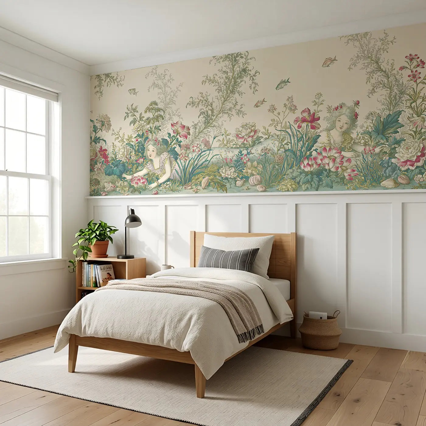 Mermaid Botanical Seaweed Garden Wainscoting Wallpaper styled in a kids bedroom by Whimsy Tots