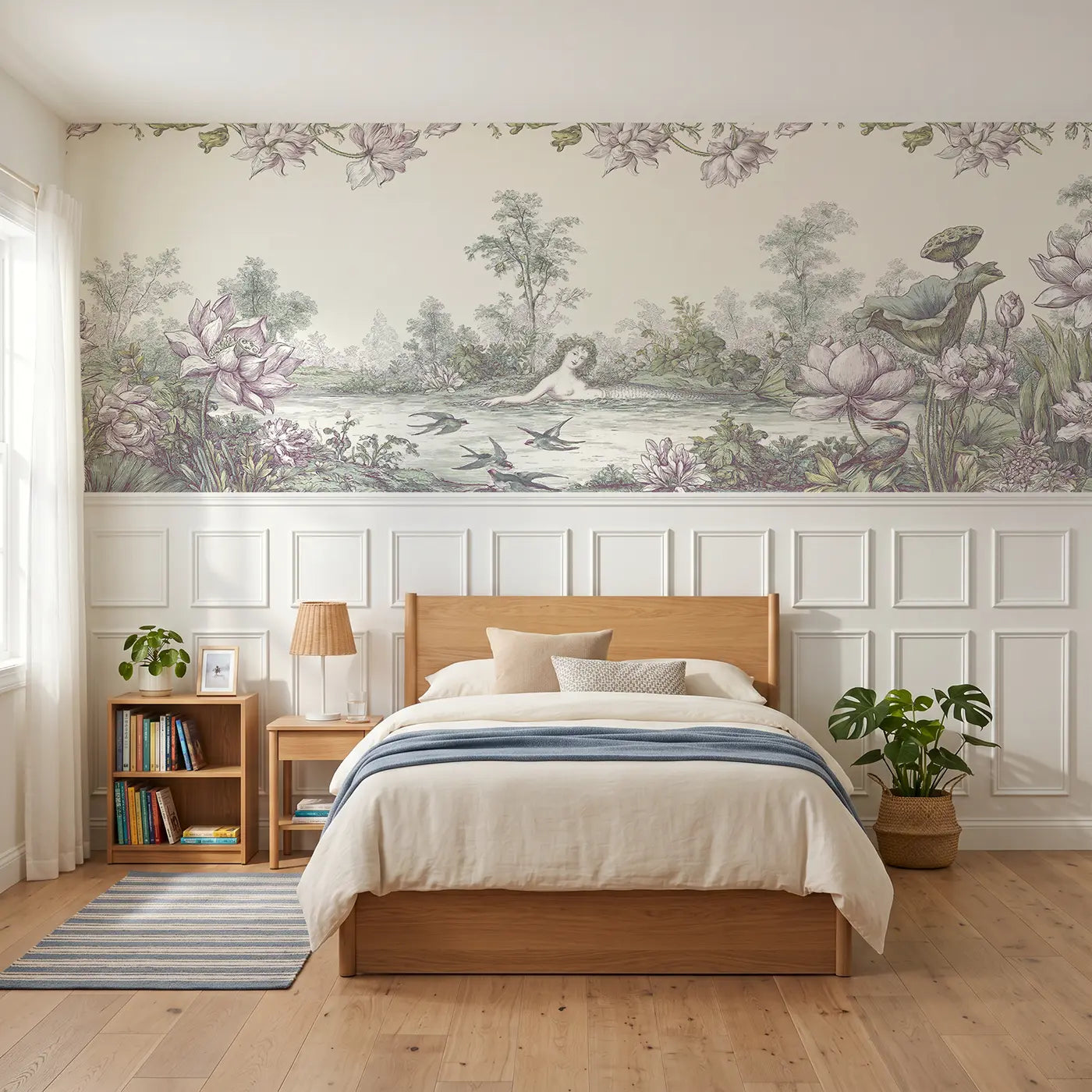 Botanical Elegance mermaid lotus pond surface wainscoting wallpaper for bedroom by Whimsy Tots