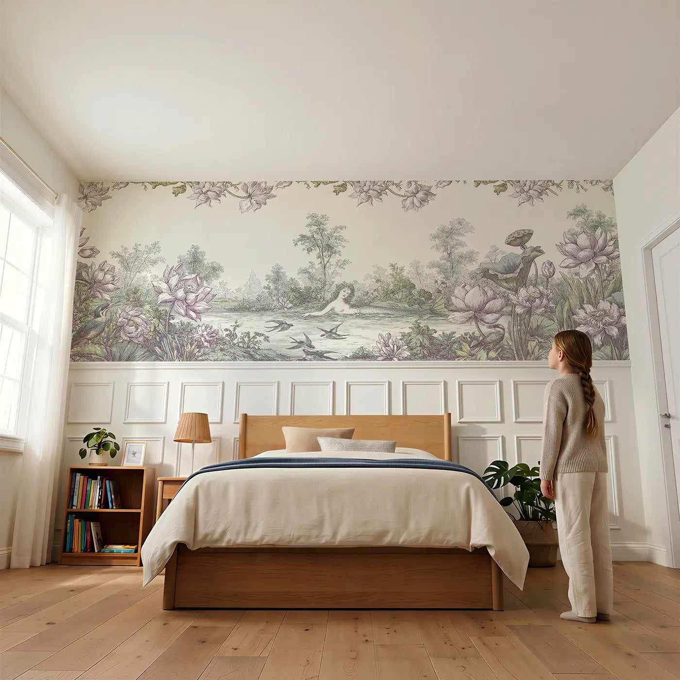 Child reading near Mermaid Lotus Pond Surface Wainscoting Wallpaper by Whimsy Tots