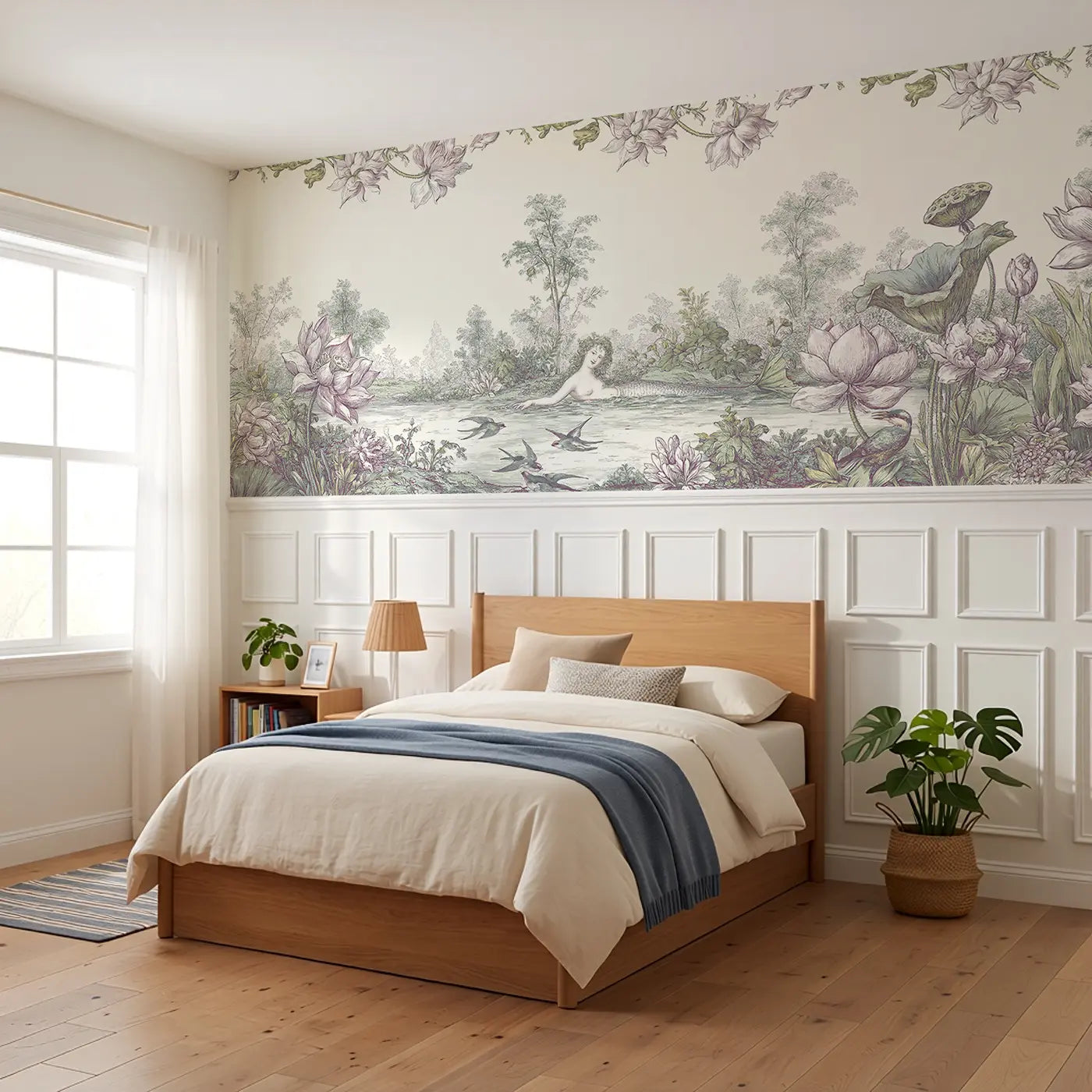 Mermaid Lotus Pond Surface Wainscoting Wallpaper styled in a kids bedroom by Whimsy Tots