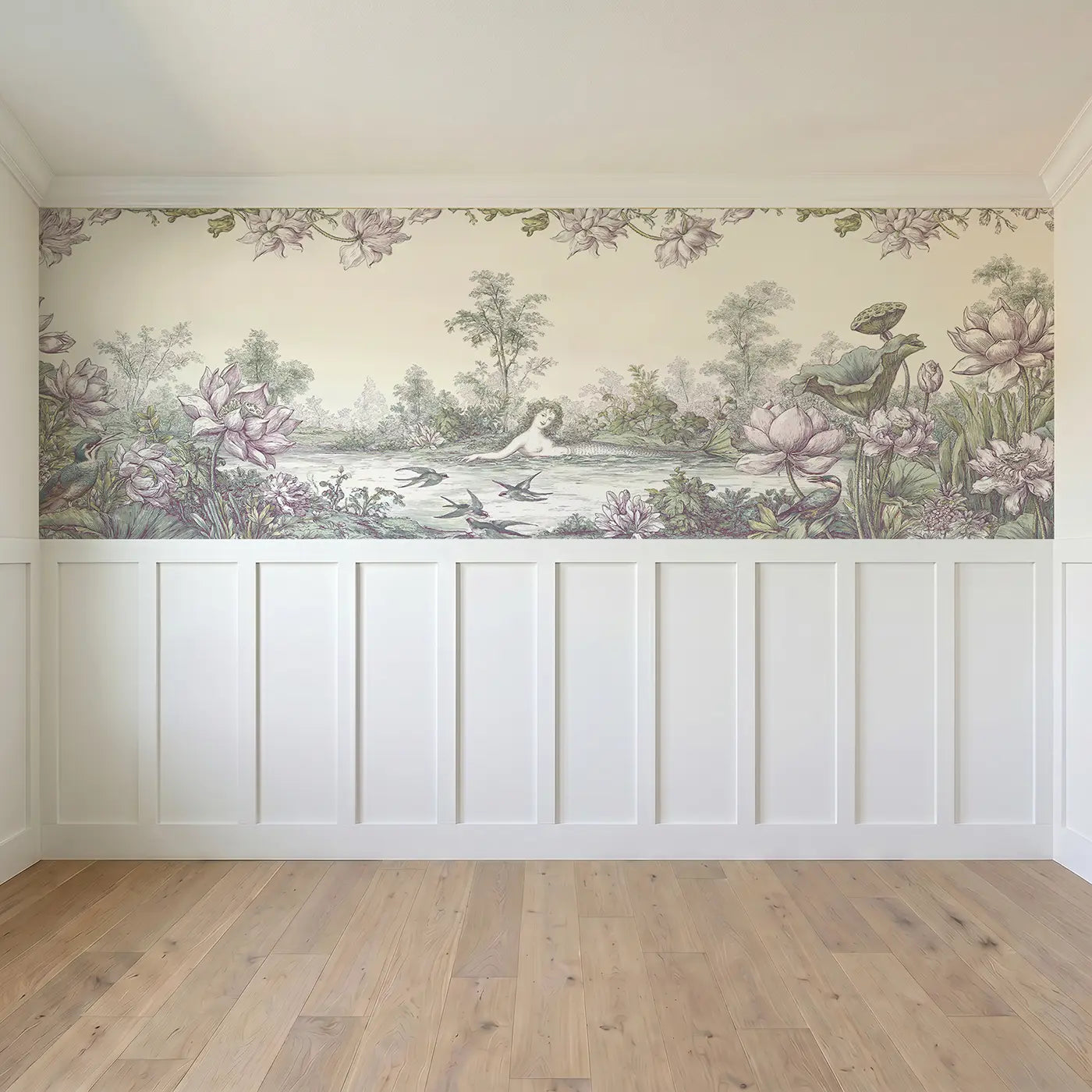 Full panel view of Mermaid Lotus Pond Surface Wainscoting Wallpaper by Whimsy Tots