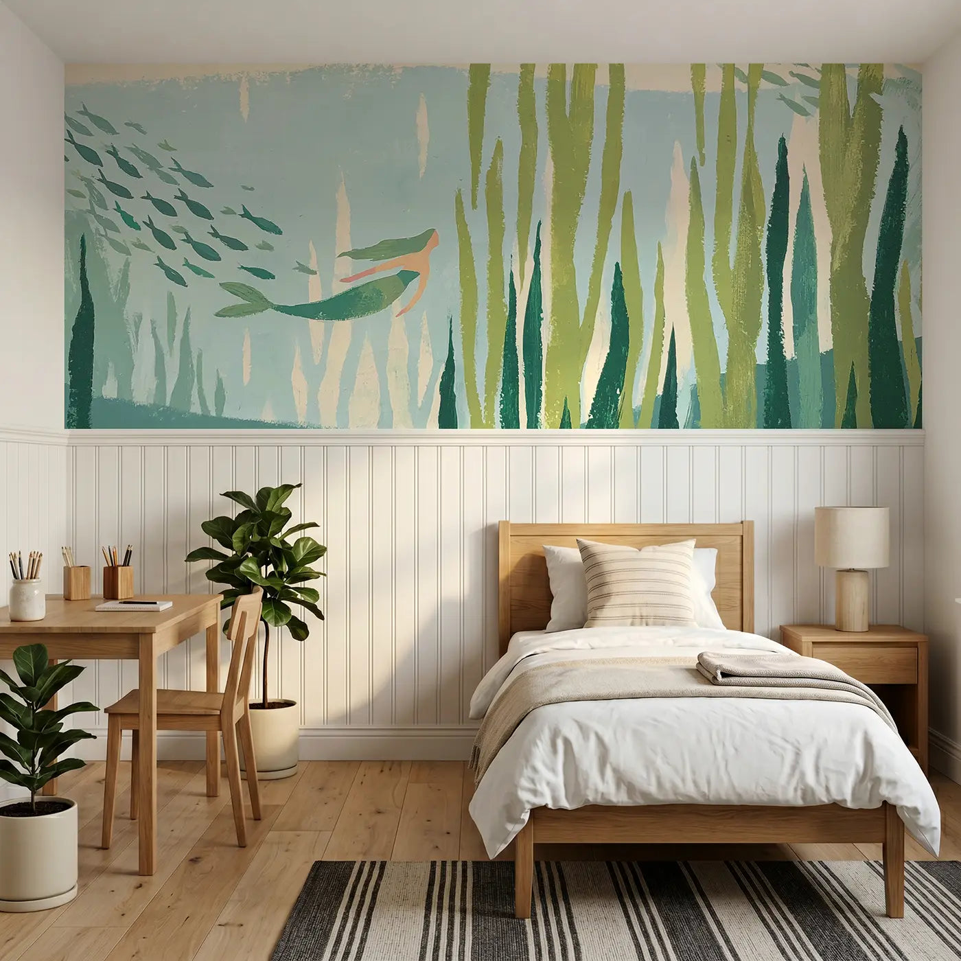 Modern Illustration mermaid kelp forest wainscoting wallpaper for bedroom by Whimsy Tots