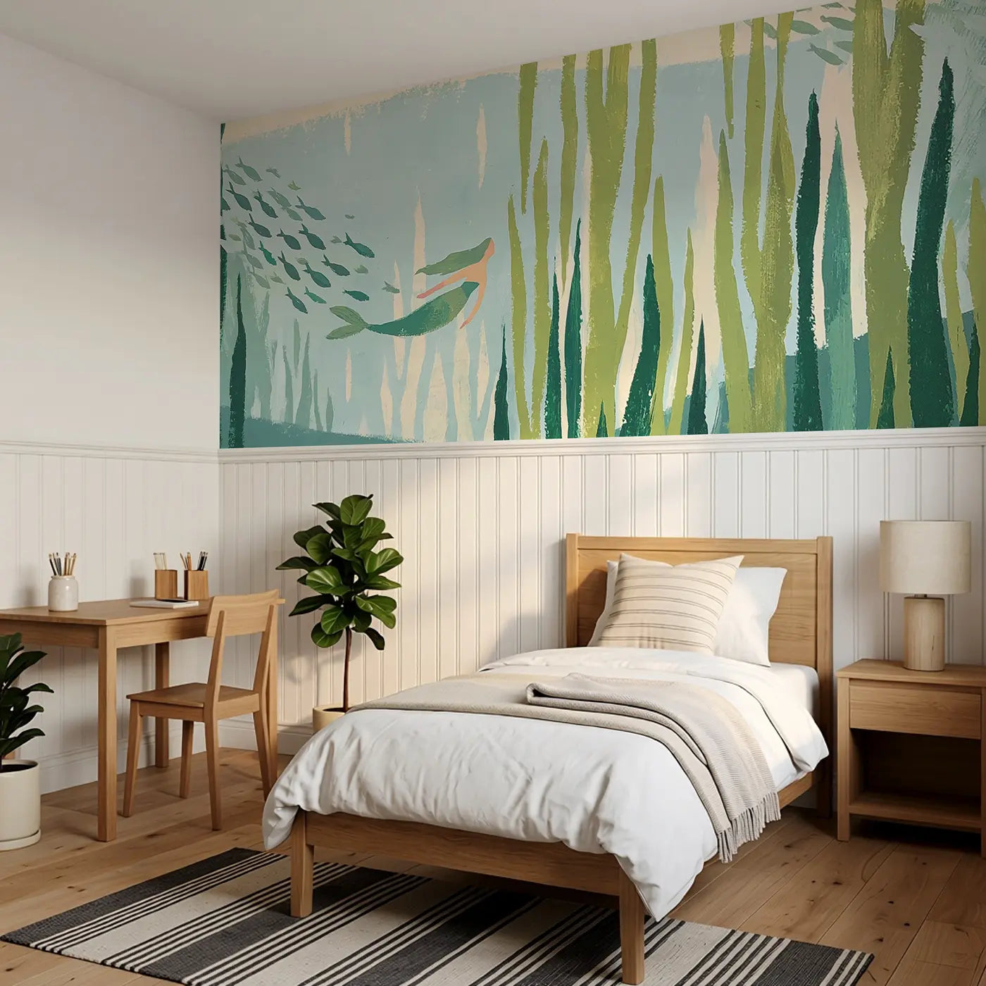 Graphic Mermaid Kelp Forest Wainscoting Wallpaper styled in a kids bedroom by Whimsy Tots