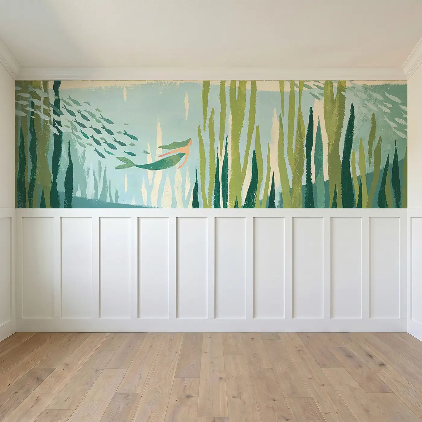 Full panel view of Graphic Mermaid Kelp Forest Wainscoting Wallpaper by Whimsy Tots