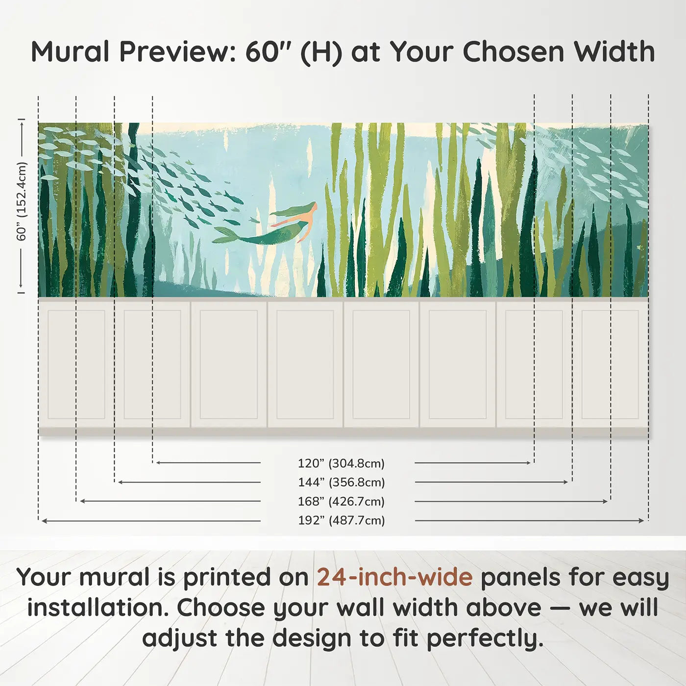 Panel dimensions for Graphic Mermaid Kelp Forest Wainscoting Wallpaper by Whimsy Tots