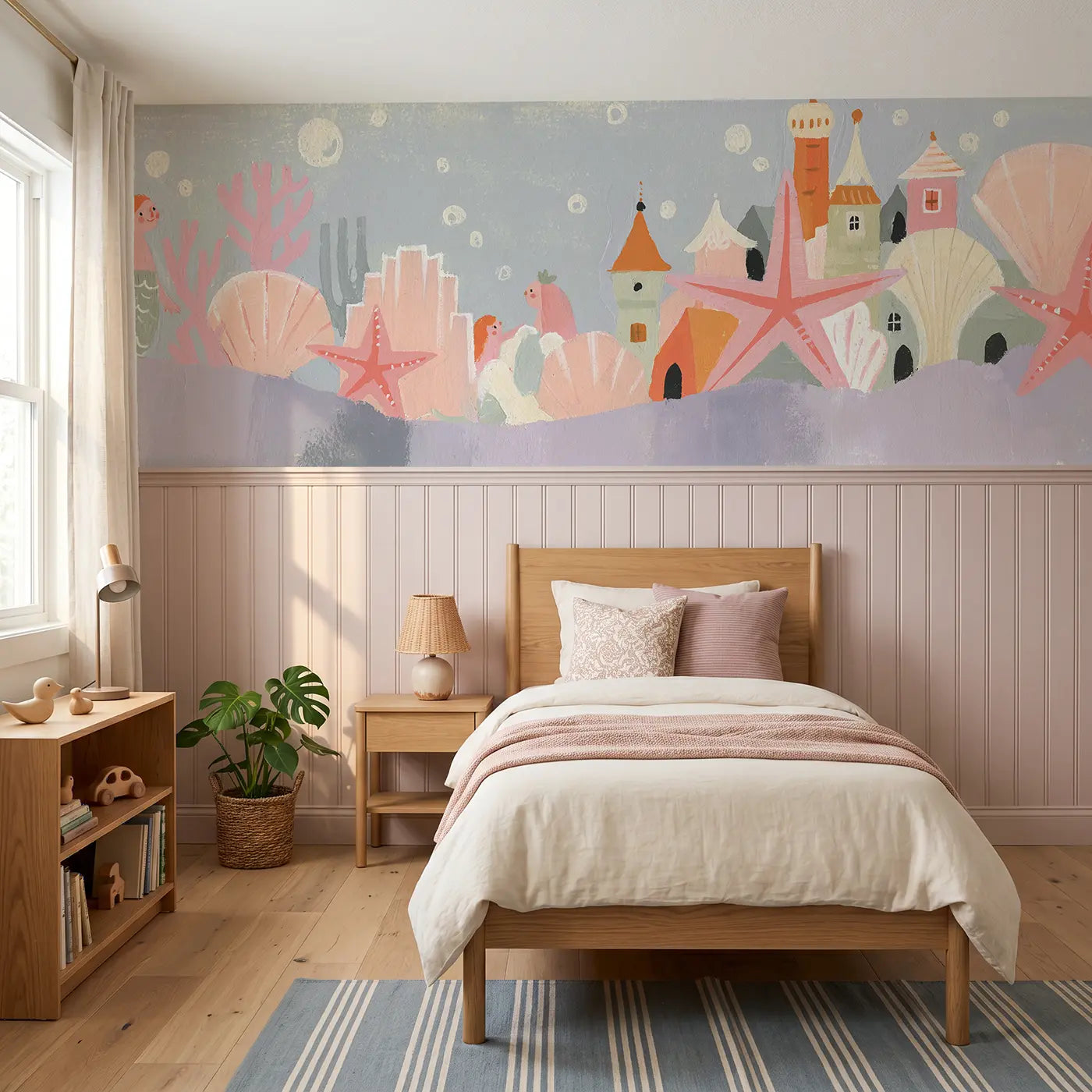 Modern Illustration mermaid starfish village wainscoting wallpaper for bedroom by Whimsy Tots