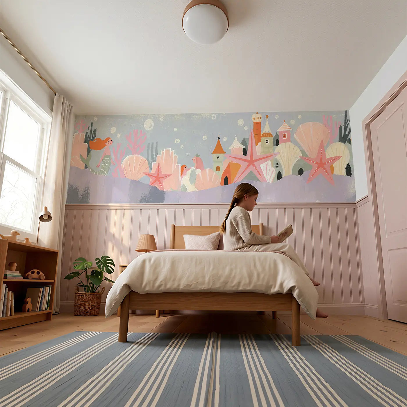 Child reading near Flat Mermaid Starfish Village Wainscoting Wallpaper by Whimsy Tots