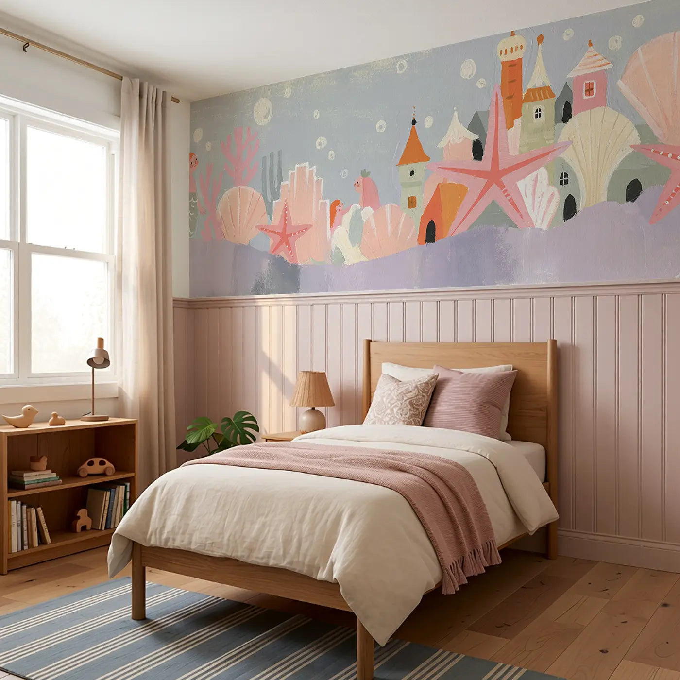 Flat Mermaid Starfish Village Wainscoting Wallpaper styled in a kids bedroom by Whimsy Tots