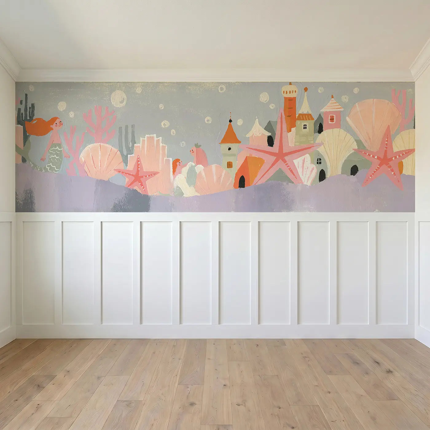 Full panel view of Flat Mermaid Starfish Village Wainscoting Wallpaper by Whimsy Tots