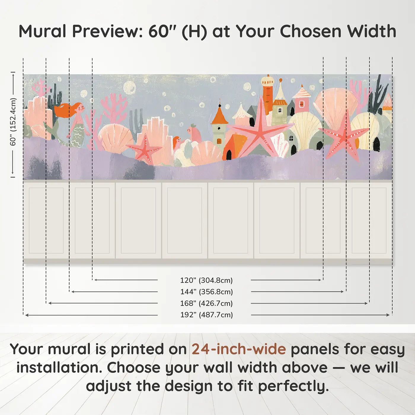 Panel dimensions for Flat Mermaid Starfish Village Wainscoting Wallpaper by Whimsy Tots
