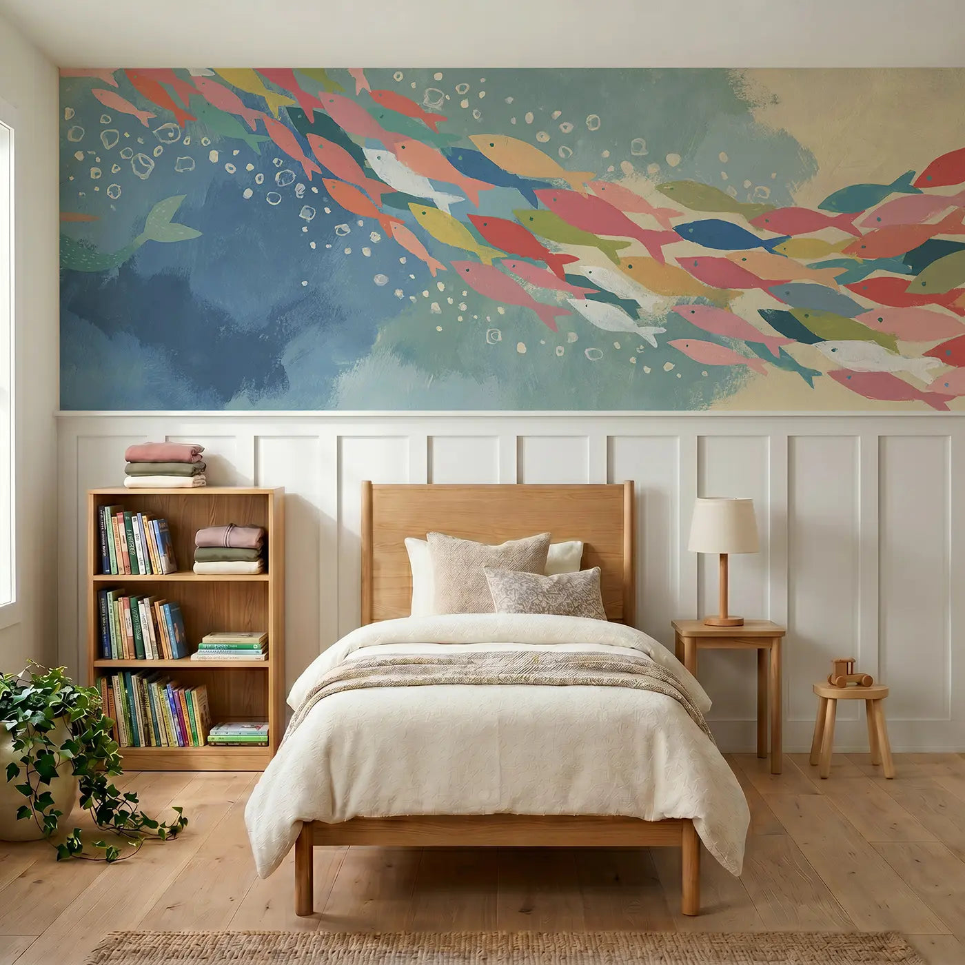 Modern Illustration mermaid rainbow fish school wainscoting wallpaper for bedroom by Whimsy Tots