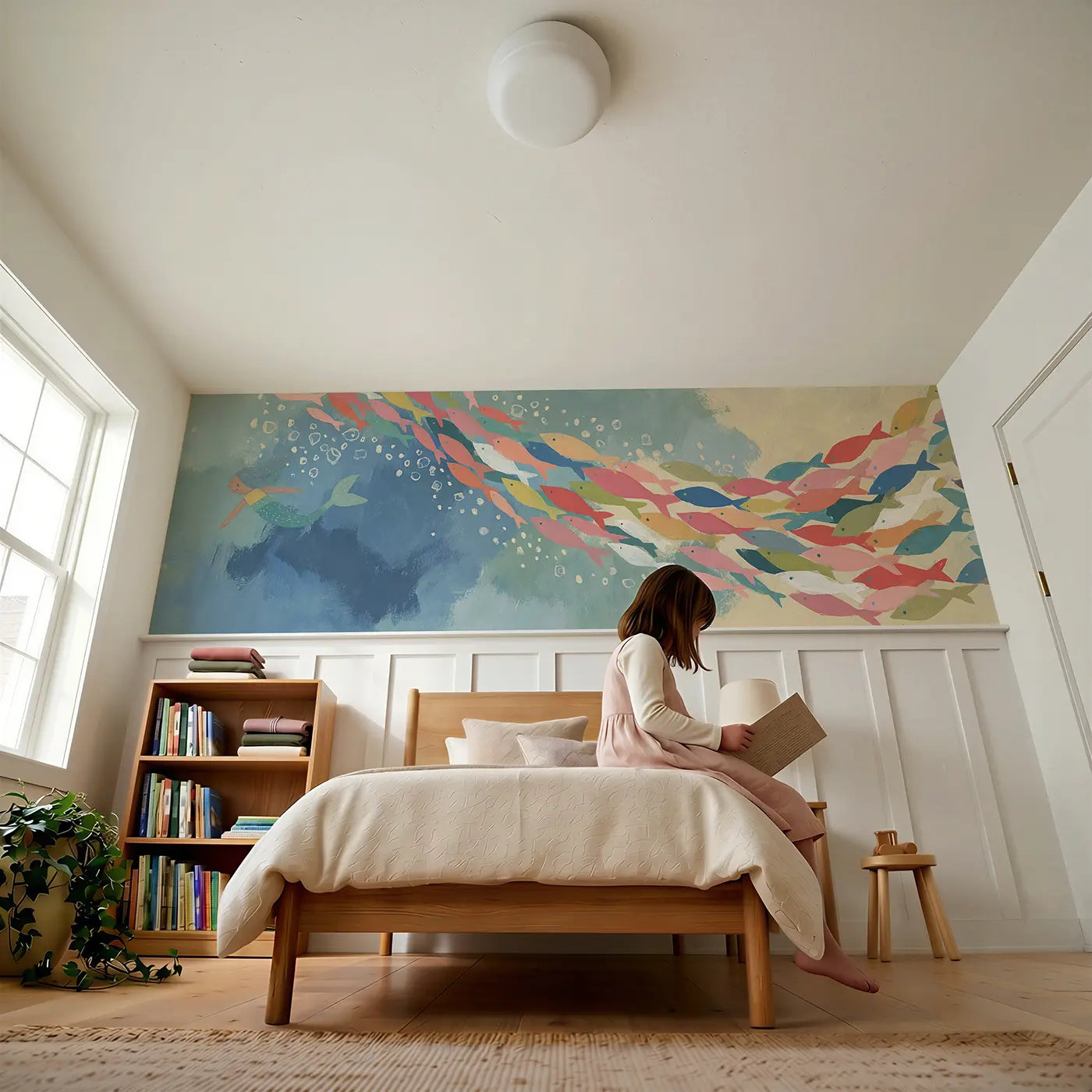 Child reading near Bold Mermaid Rainbow Fish School Wainscoting Wallpaper by Whimsy Tots