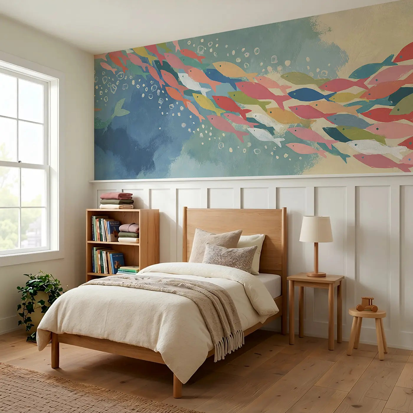 Bold Mermaid Rainbow Fish School Wainscoting Wallpaper styled in a kids bedroom by Whimsy Tots