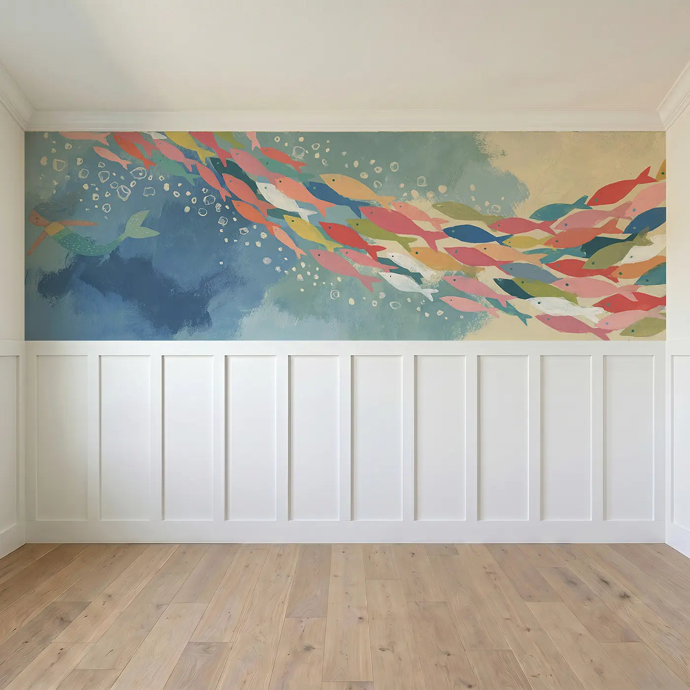 Full panel view of Bold Mermaid Rainbow Fish School Wainscoting Wallpaper by Whimsy Tots
