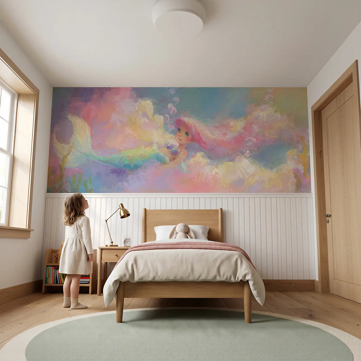 Child reading near Chalk Mermaid Cloud Kingdom Wainscoting Wallpaper by Whimsy Tots