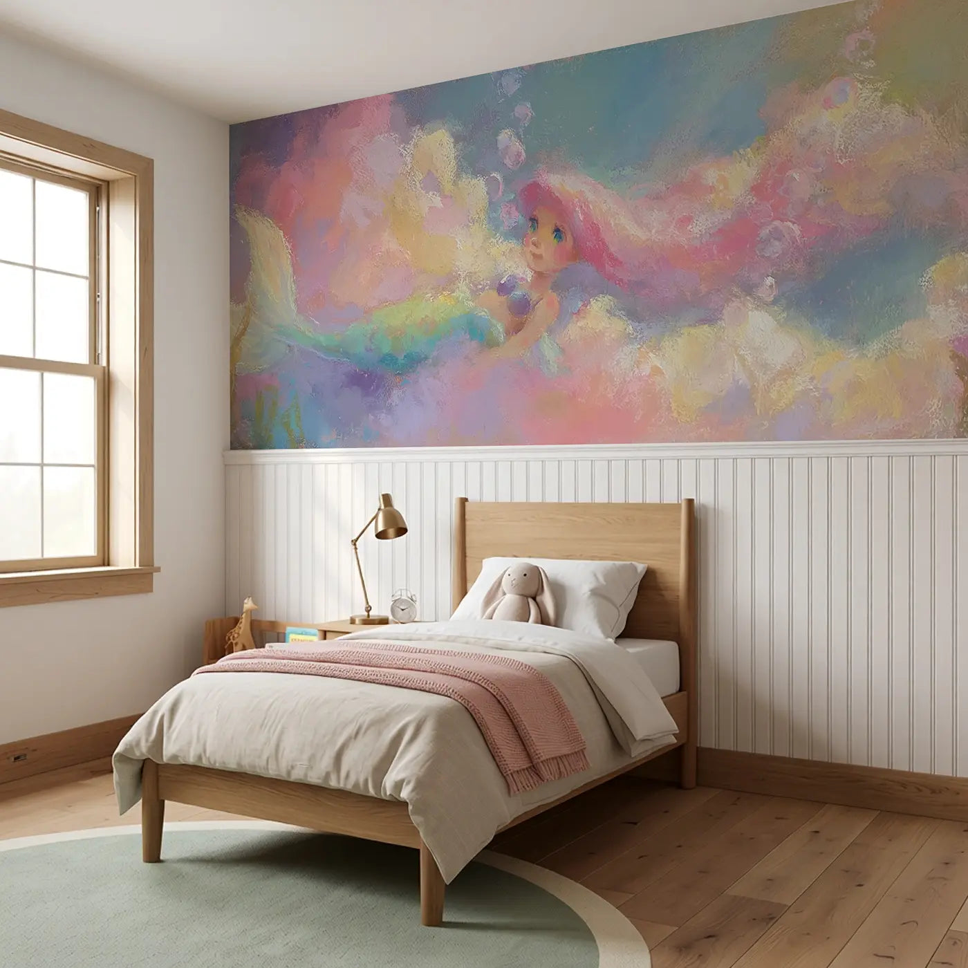 Chalk Mermaid Cloud Kingdom Wainscoting Wallpaper styled in a kids bedroom by Whimsy Tots