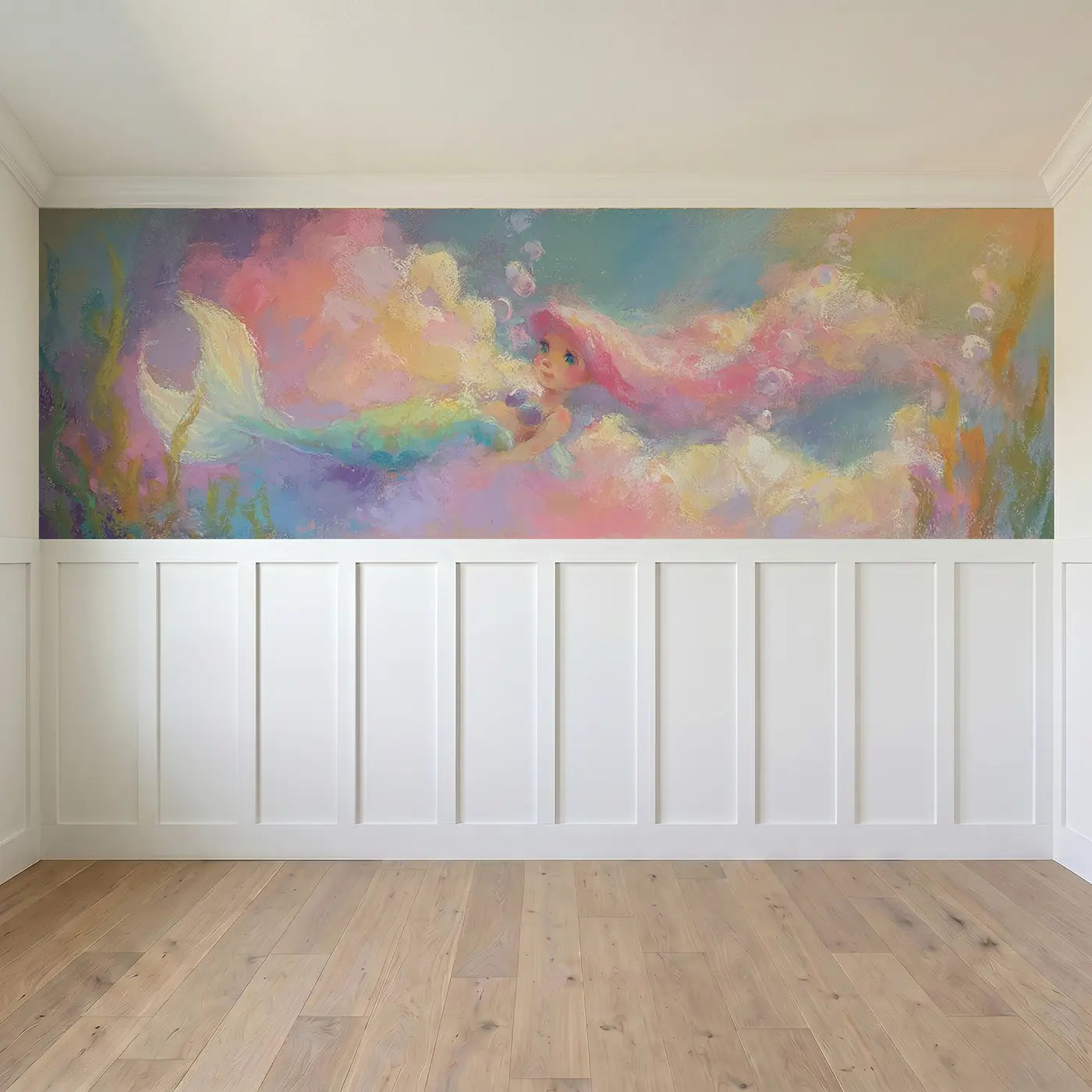 Full panel view of Chalk Mermaid Cloud Kingdom Wainscoting Wallpaper by Whimsy Tots