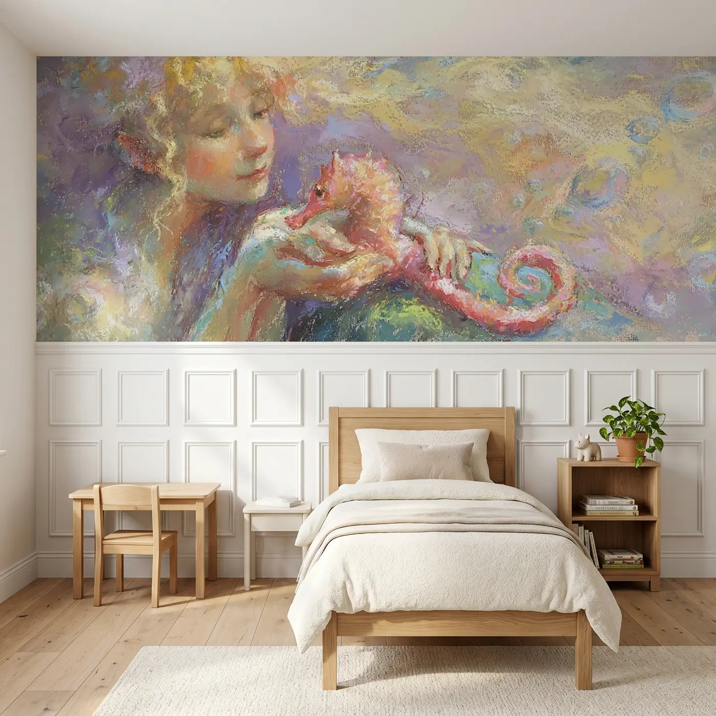 Soft Pastel mermaid seahorse friend chalk wainscoting wallpaper for nursery by Whimsy Tots