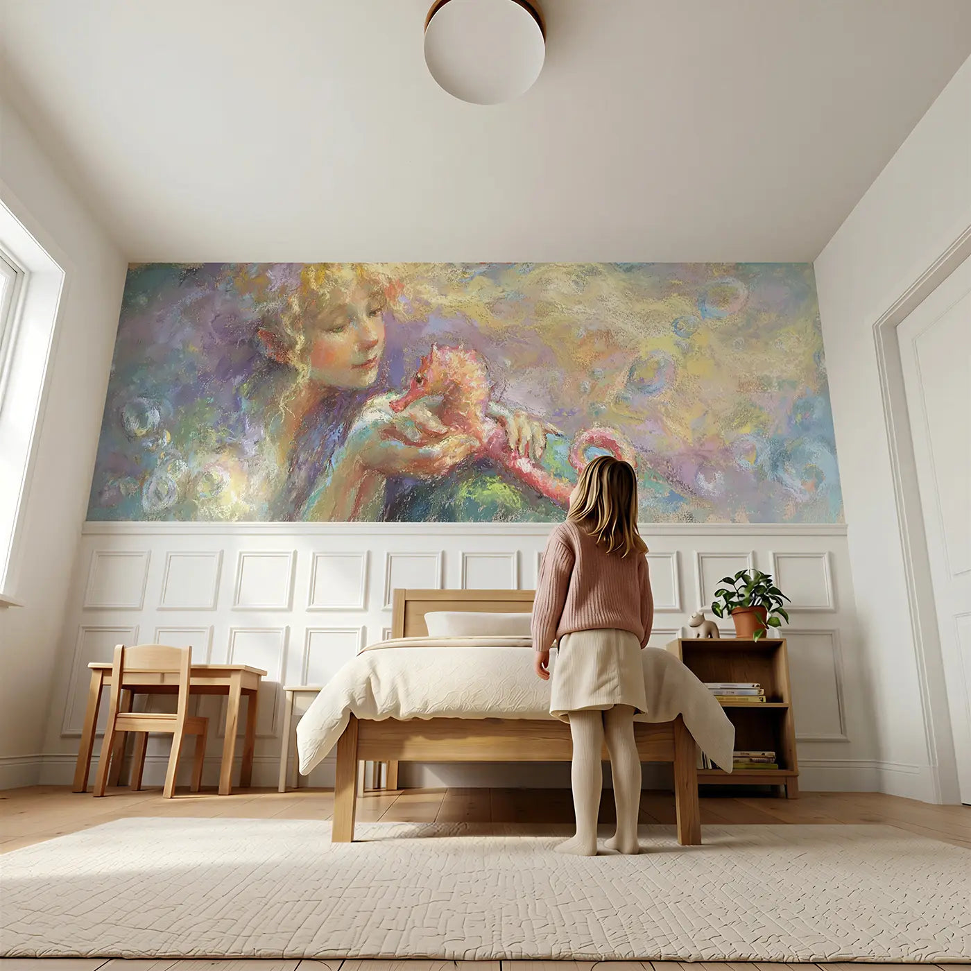 Child reading near Pastel Mermaid Seahorse Friend Wainscoting Wallpaper by Whimsy Tots