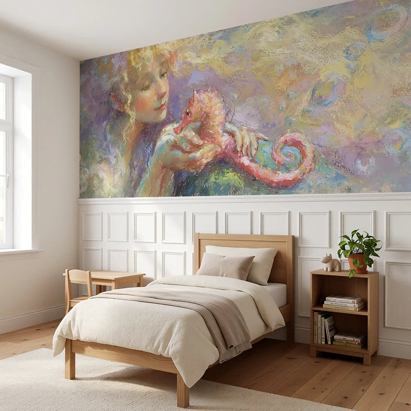 Pastel Mermaid Seahorse Friend Wainscoting Wallpaper styled in a kids bedroom by Whimsy Tots