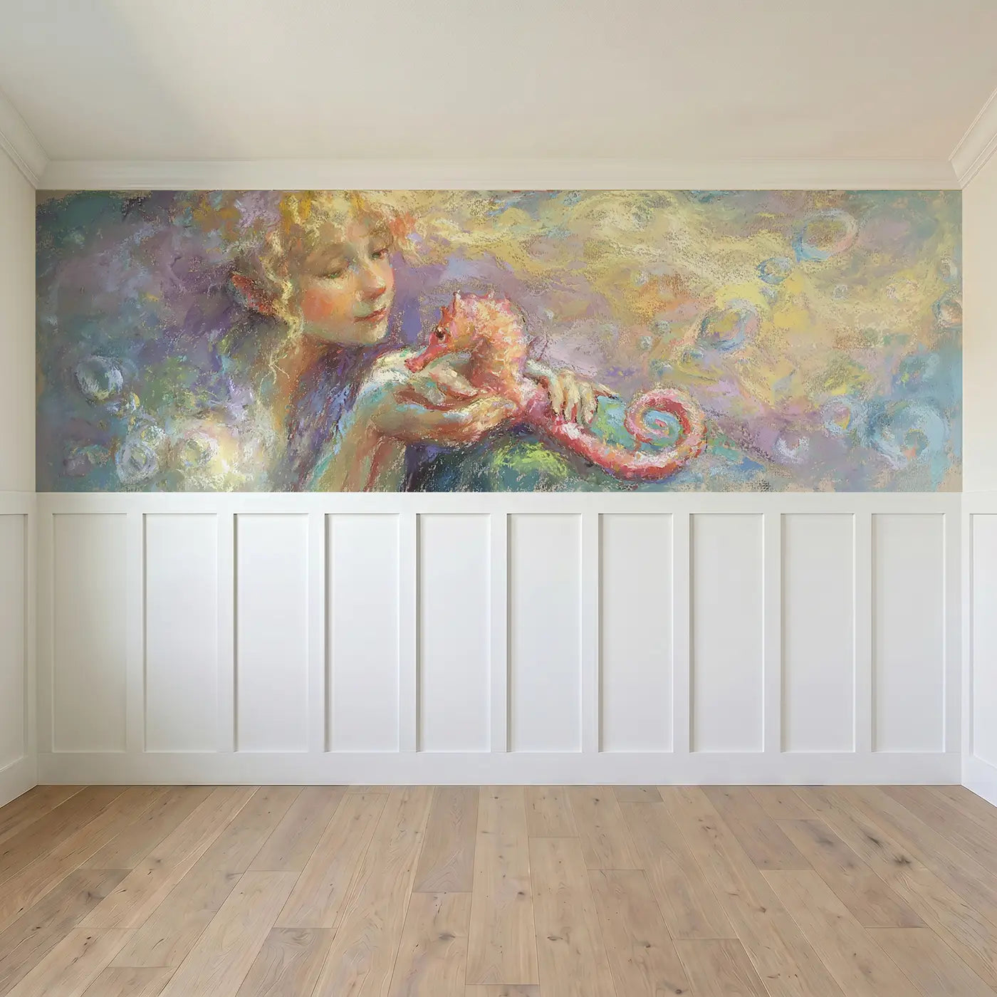 Full panel view of Pastel Mermaid Seahorse Friend Wainscoting Wallpaper by Whimsy Tots