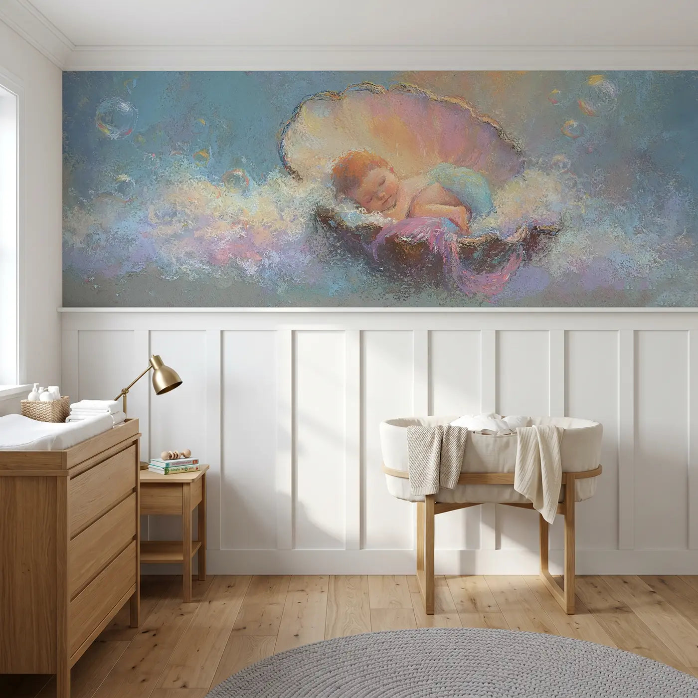 Soft Pastel mermaid baby ocean cradle chalk wainscoting wallpaper for nursery by Whimsy Tots