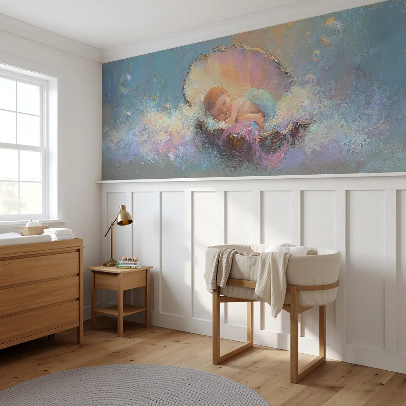 Fuzzy Mermaid Baby Ocean Cradle Wainscoting Wallpaper styled in a kids bedroom by Whimsy Tots