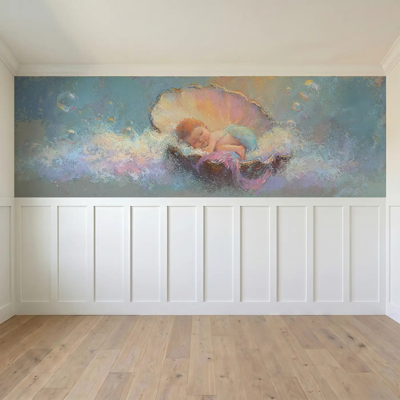 Full panel view of Fuzzy Mermaid Baby Ocean Cradle Wainscoting Wallpaper by Whimsy Tots