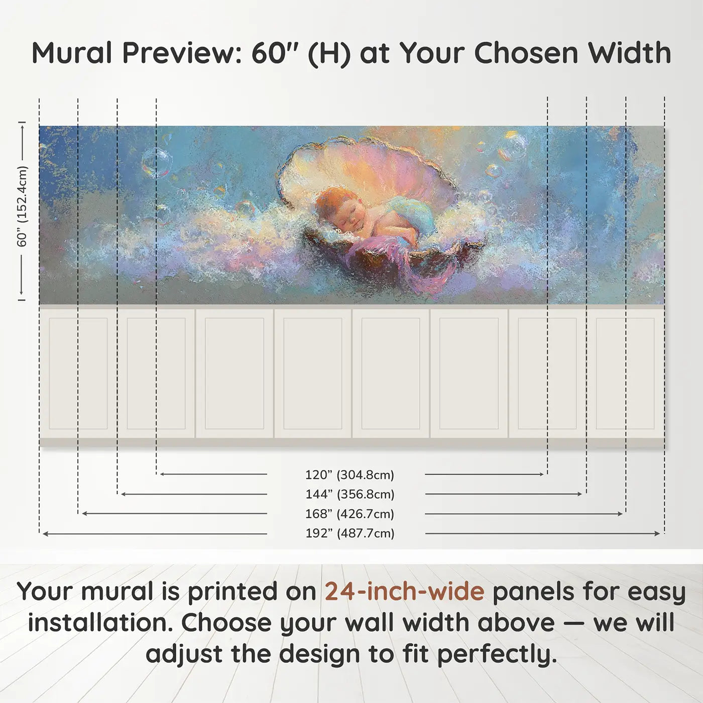 Panel dimensions for Fuzzy Mermaid Baby Ocean Cradle Wainscoting Wallpaper by Whimsy Tots