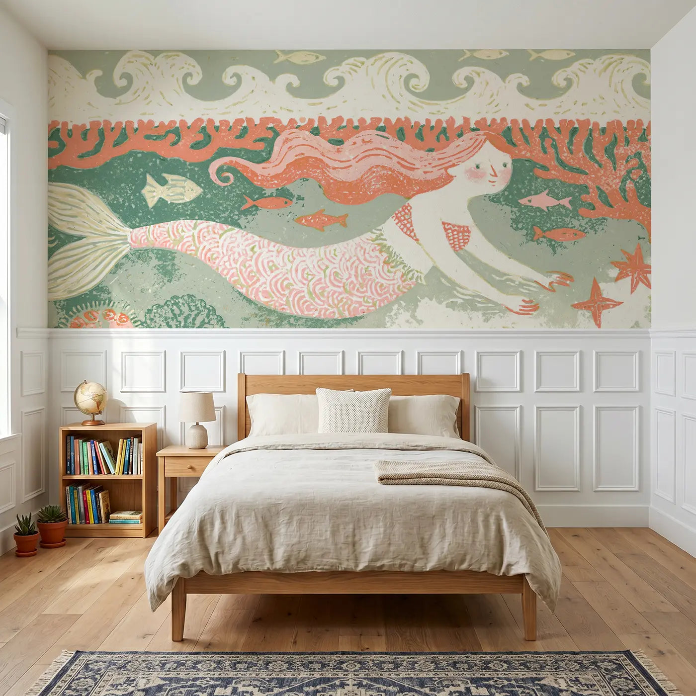 Block Print mermaid coral border wainscoting wallpaper for bedroom by Whimsy Tots