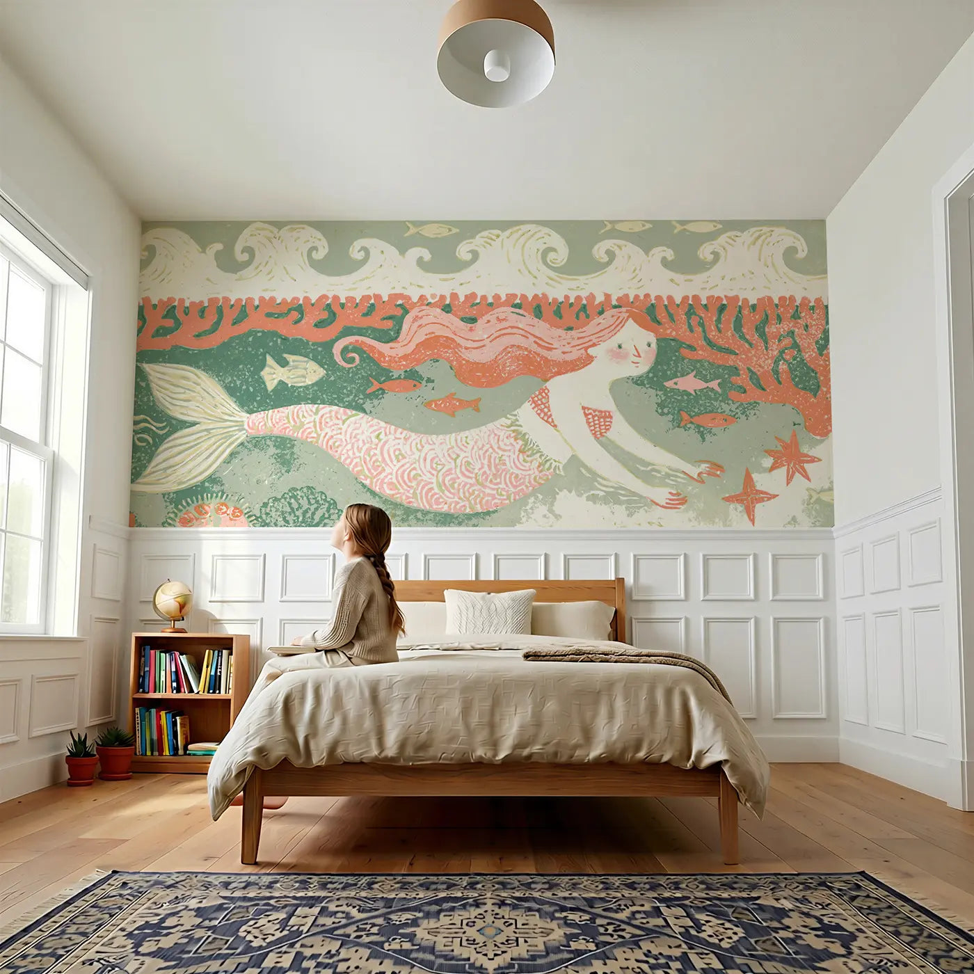 Child reading near Carved Mermaid Coral Border Wainscoting Wallpaper by Whimsy Tots