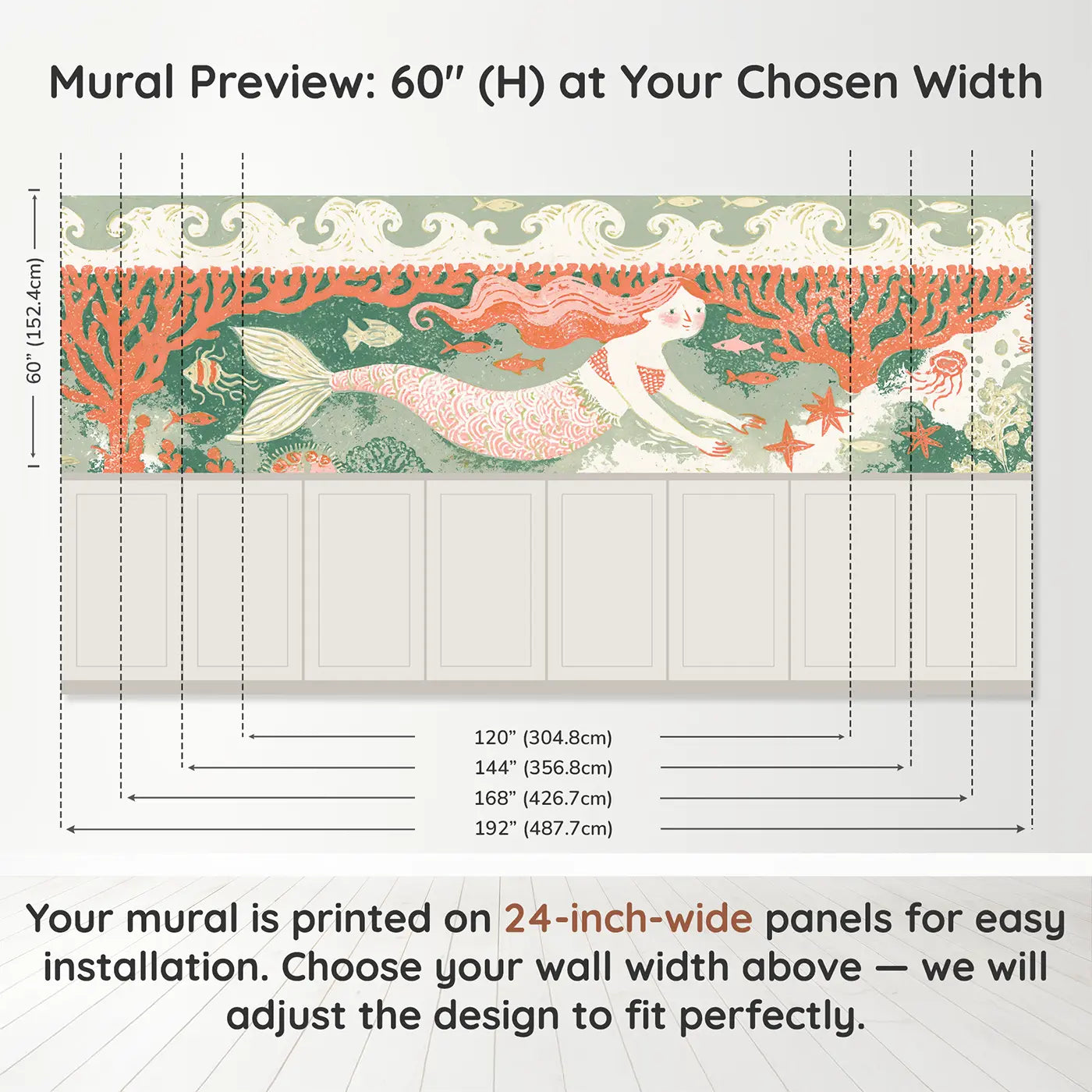 Panel dimensions for Carved Mermaid Coral Border Wainscoting Wallpaper by Whimsy Tots