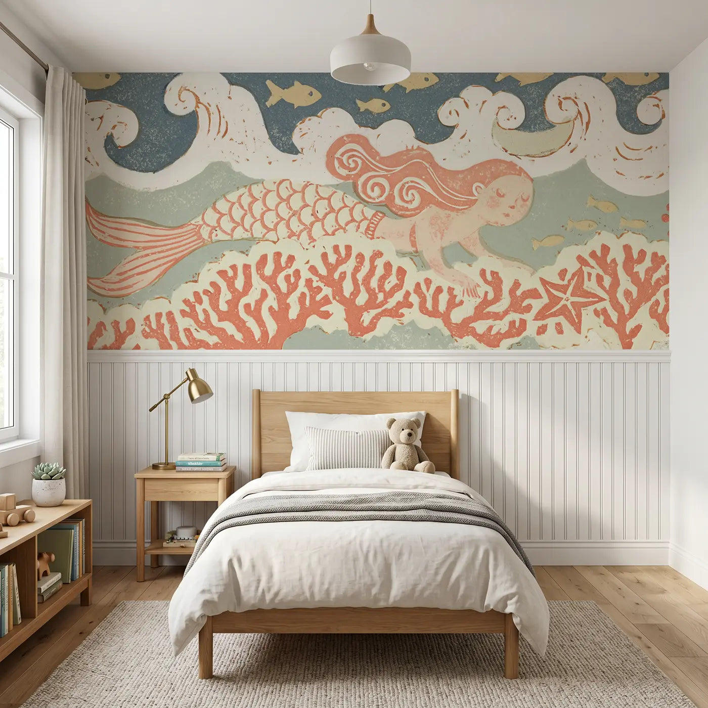 Block Print mermaid seaweed sway wainscoting wallpaper for bedroom by Whimsy Tots
