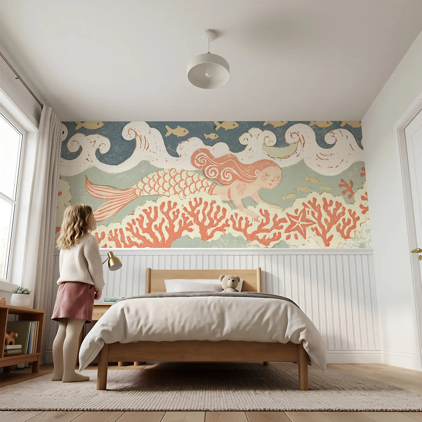 Child reading near Block Print Mermaid Seaweed Sway Wainscoting Wallpaper by Whimsy Tots