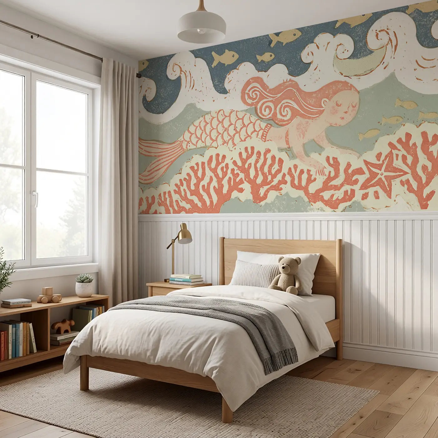 Block Print Mermaid Seaweed Sway Wainscoting Wallpaper styled in a kids bedroom by Whimsy Tots