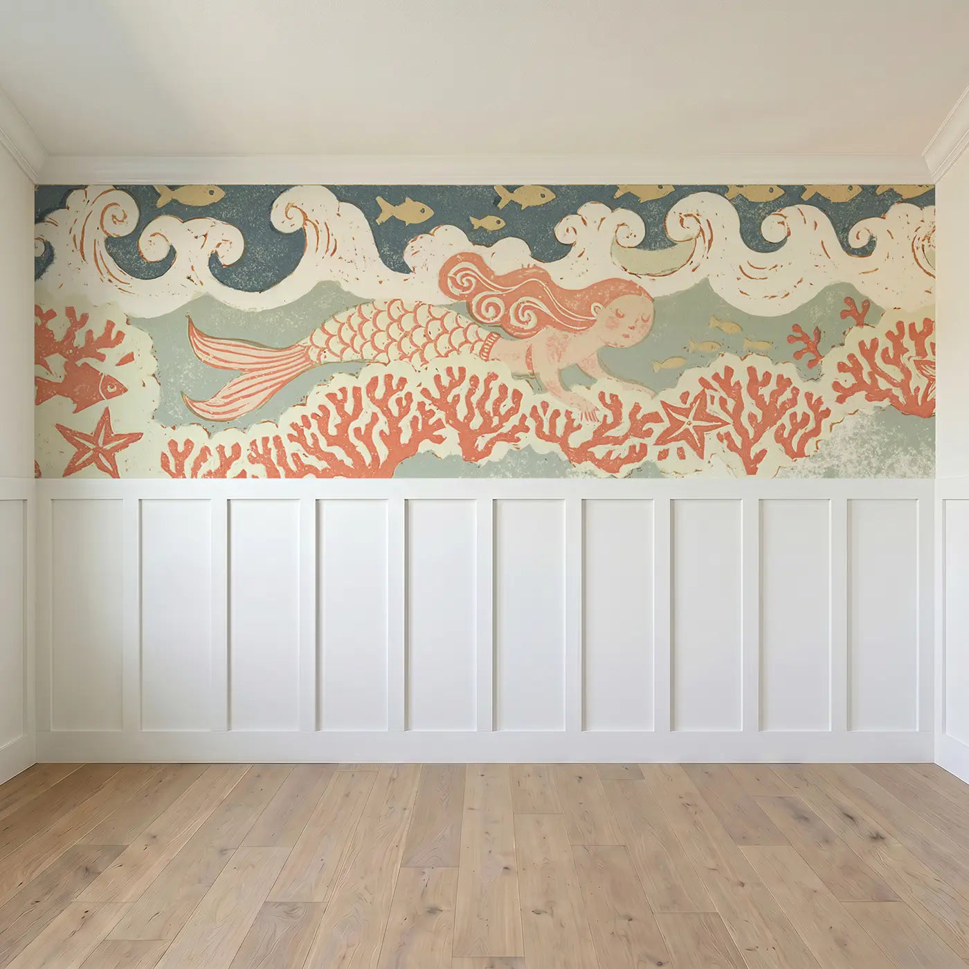 Full panel view of Block Print Mermaid Seaweed Sway Wainscoting Wallpaper by Whimsy Tots