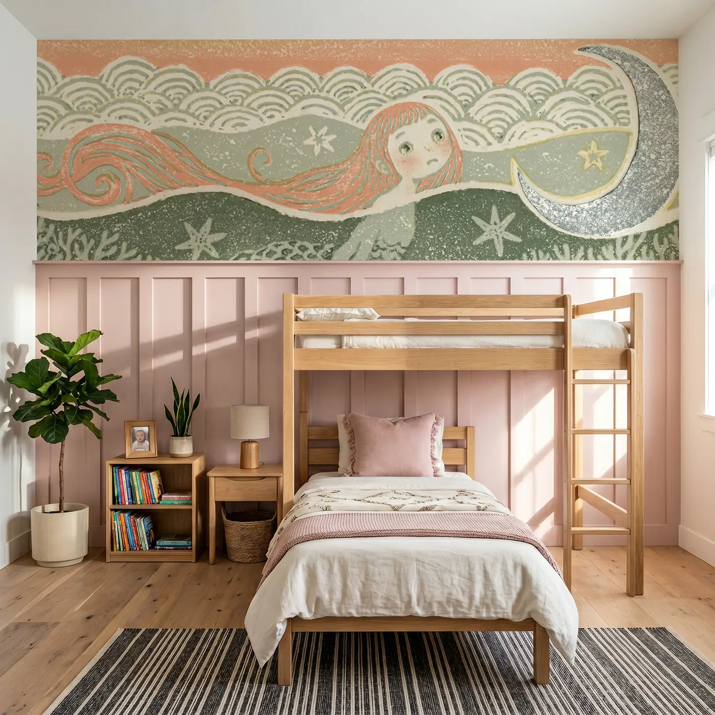 Block Print mermaid moon ocean wainscoting wallpaper for bedroom by Whimsy Tots
