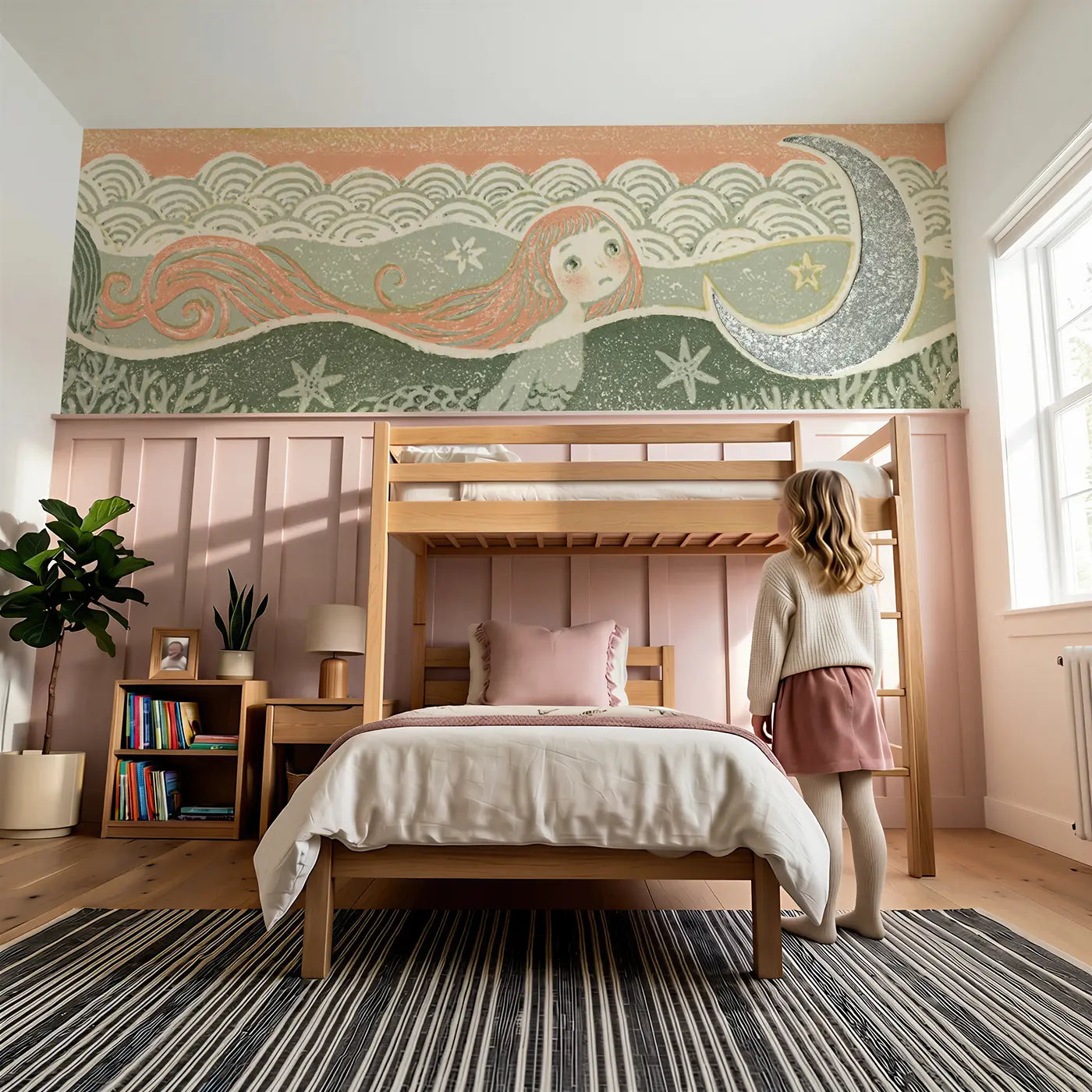Child reading near Carved Mermaid Moon Ocean Wainscoting Wallpaper by Whimsy Tots